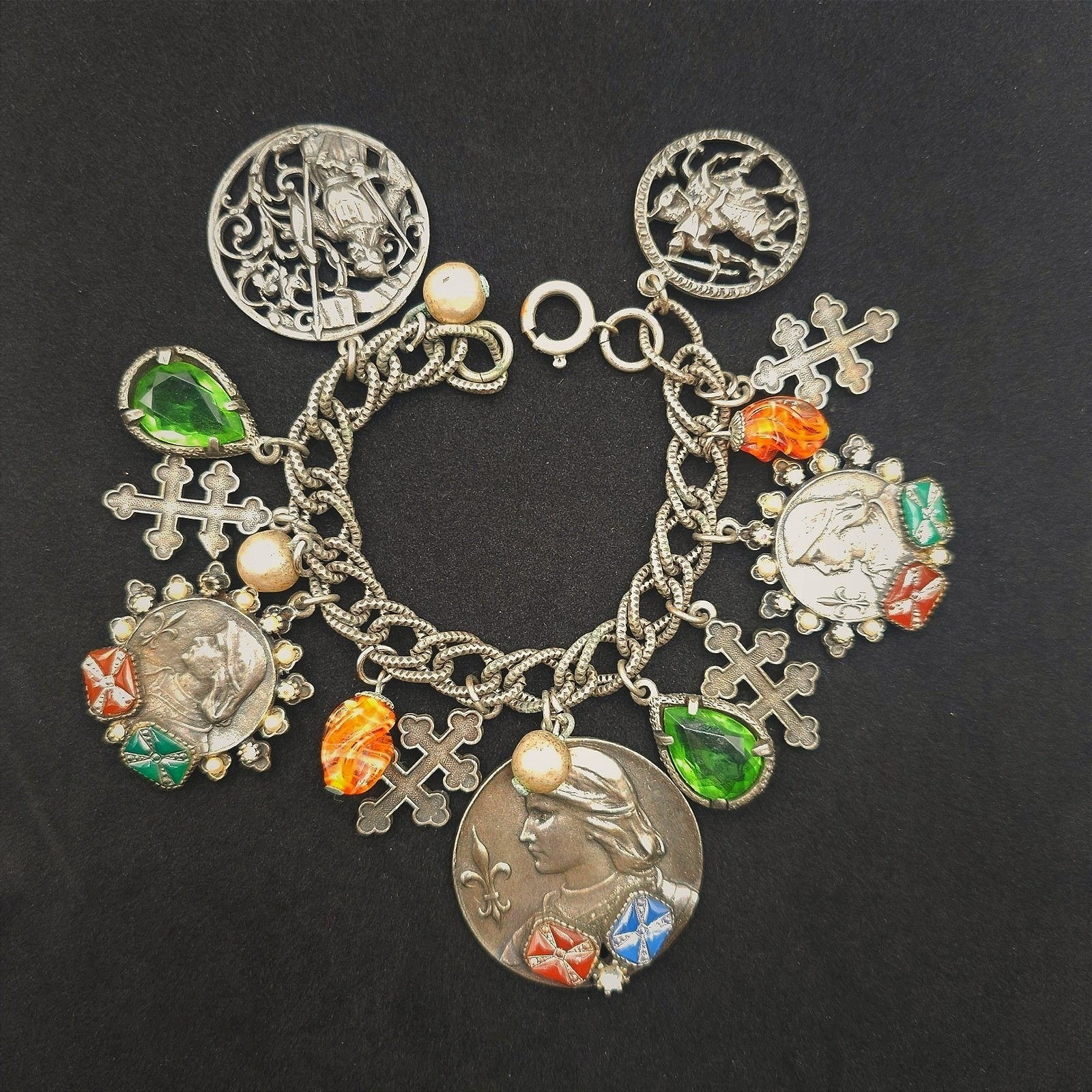 Art Vtg Coin Charm Bracelet Cross Medallion Heraldic Medieval Revival Statement